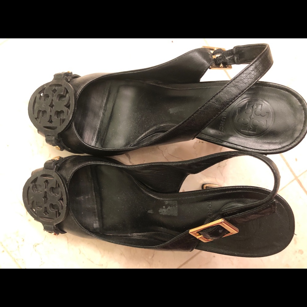 Tory Burch 7 Slingback High Heels Black Leather.